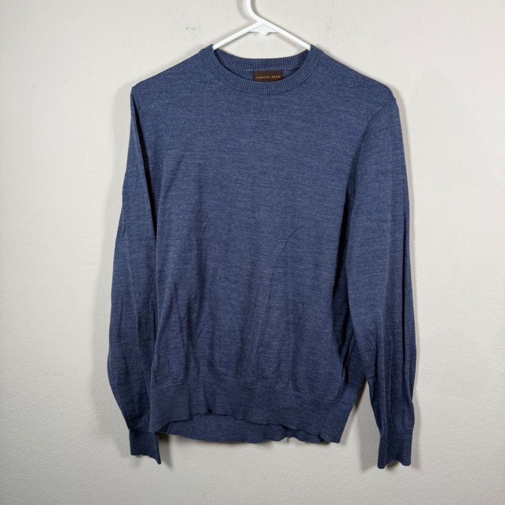 Thomas Dean Mens Blue Extrafine Merino Wool Blend Crewneck‎ Sweater Large